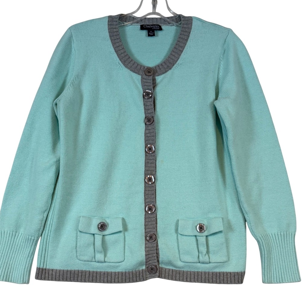 Chadwicks of Boston Womens Aqua Blue Grey Trim Cotton Button Cardigan Sweater M